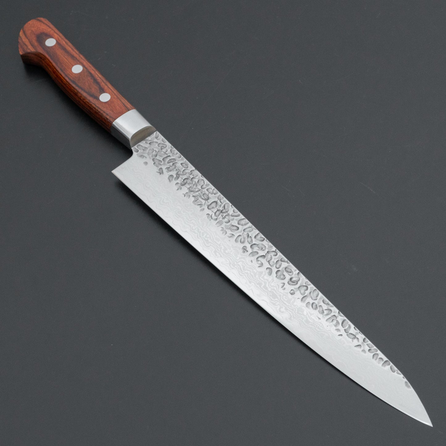 Hitohira Imojiya ST Tsuchime Damascus Sujihiki 240mm Imitation Mahogany Handle (Yo)