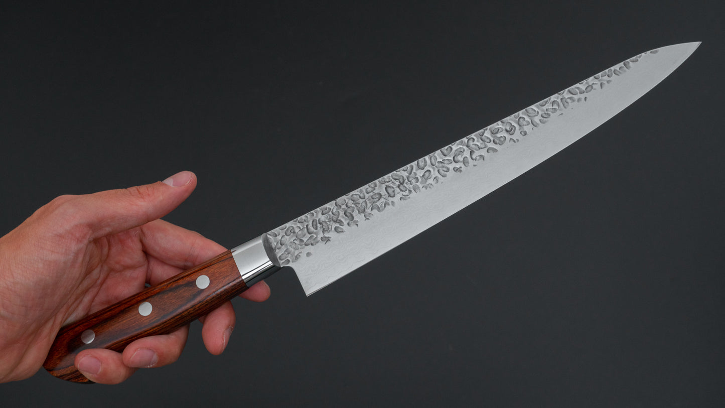 Hitohira Imojiya ST Tsuchime Damascus Sujihiki 240mm Imitation Mahogany Handle (Yo)