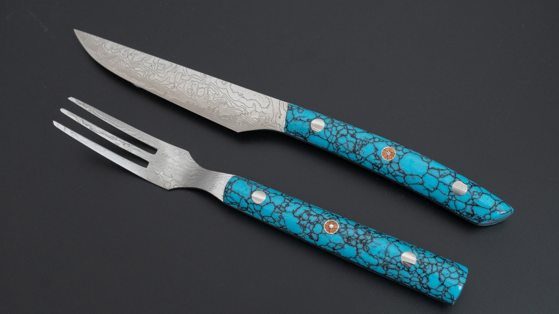 Hitohira Saji SG2 Steak knife and Fork Set Imitation Turquoise Handle - HITOHIRA