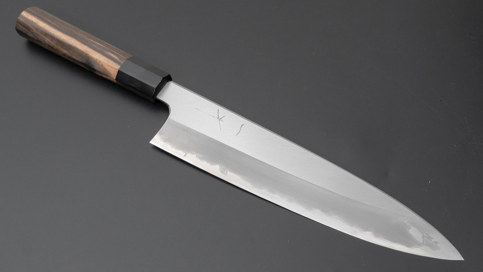 Hitohira Togashi Blue #1 Stainless Clad Migaki Gyuto 240mm Kurokaki Persimmon Handle - HITOHIRA