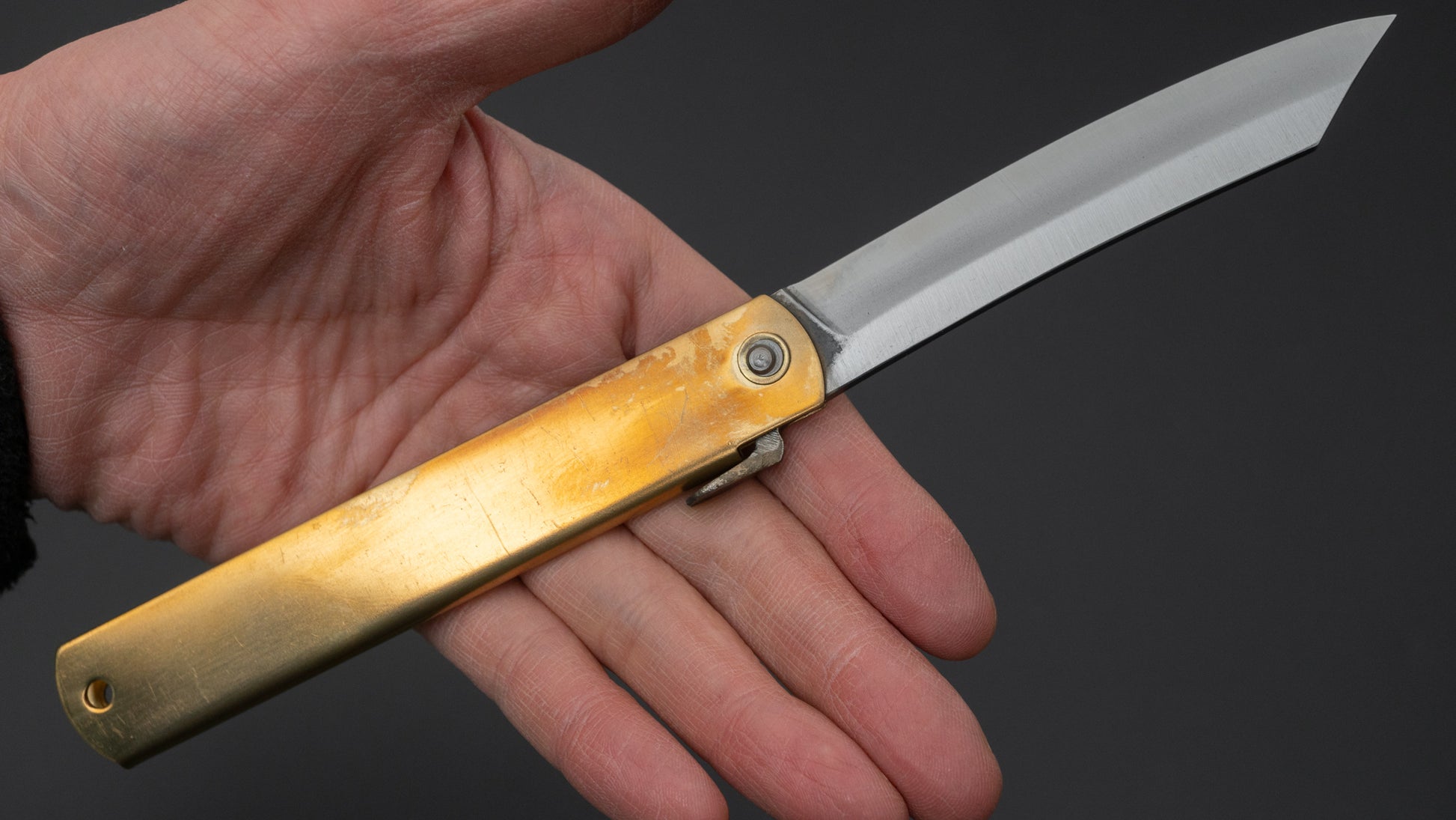 Higonokami Blue Steel Folding Knife Extra Large Brass Handle - HITOHIRA