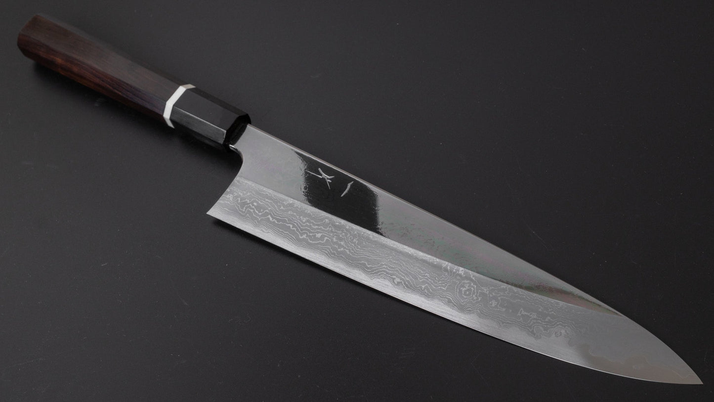 Hitohira Tanaka Kambei Blue #1 Damascus Mirror Polished Gyuto 240mm Ebony Handle (Saya/ Limited #002) | HITOHIRA