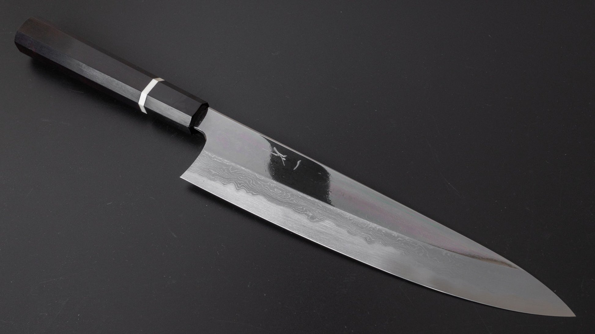 Hitohira Tanaka Kambei Blue #1 Damascus Mirror Polished Gyuto 240mm Ebony Handle (Saya/ Limited #003) | HITOHIRA