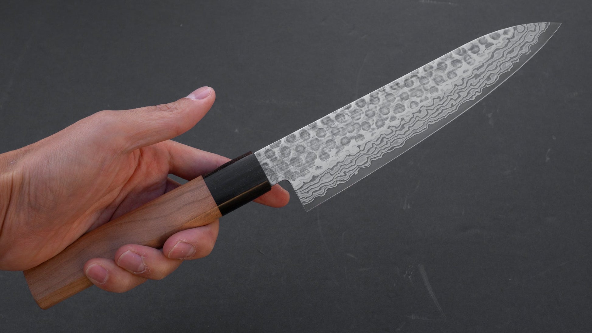 Hitohira HG Tsuchime Damascus Black Gyuto 180mm Cherry Wood Handle (Discounted/ Saya) | HITOHIRA