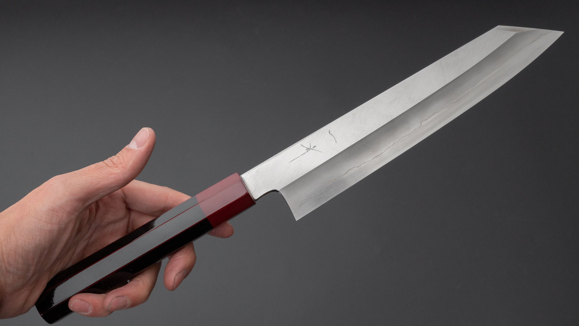 Hitohira Kikuchiyo Kyuzo Silver #3 Migaki Kiritsuke Gyuto 210mm Lacquered Handle (Black and Red) - HITOHIRA