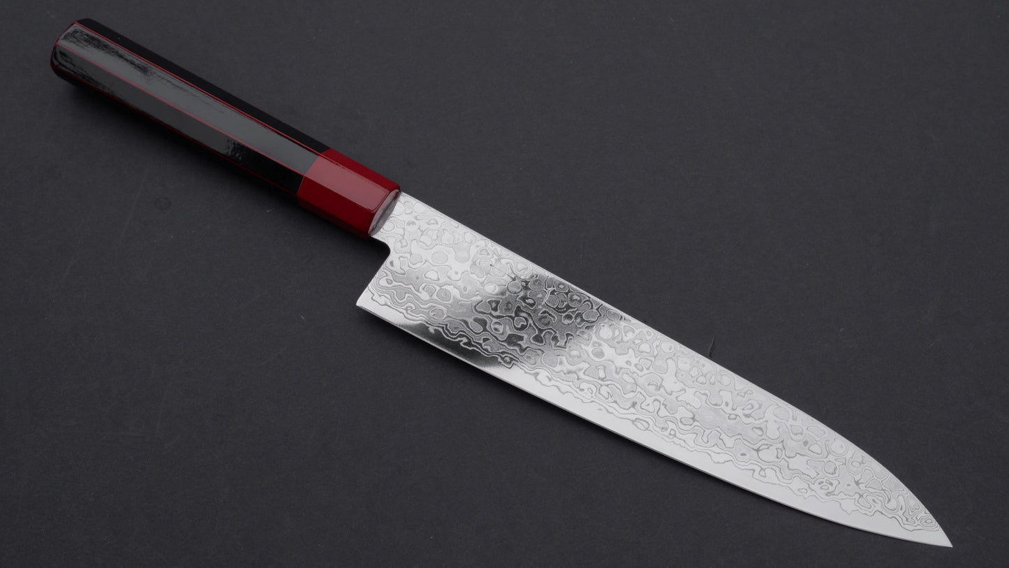 Hitohira HG Damascus Gyuto 210mm Lacquered Handle (Black and Red) | HITOHIRA