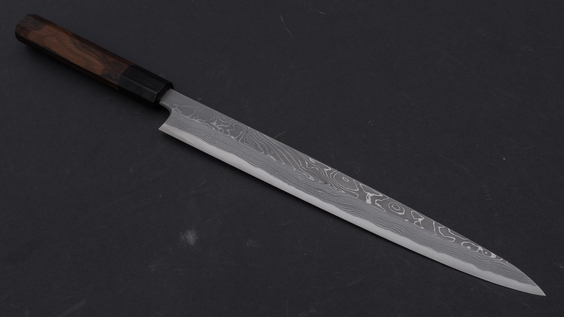 Hitohira Tanaka Mosuke Blue #1 Damascus Yanagiba 300mm Ziricote Handle (Limited/ B Grade/ Saya) | HITOHIRA