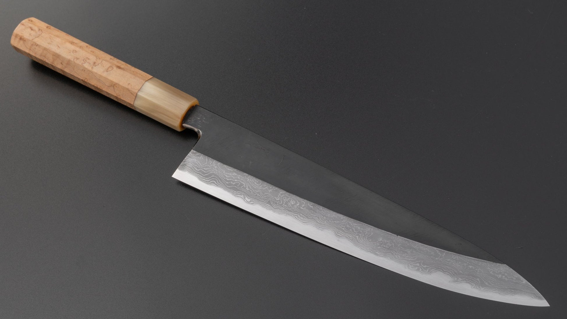 Hitohira Tanaka Kyuzo Blue #1 Kurouchi Damascus Gyuto 240mm Taihei Bird's Eye Maple Handle (Saya) | HITOHIRA