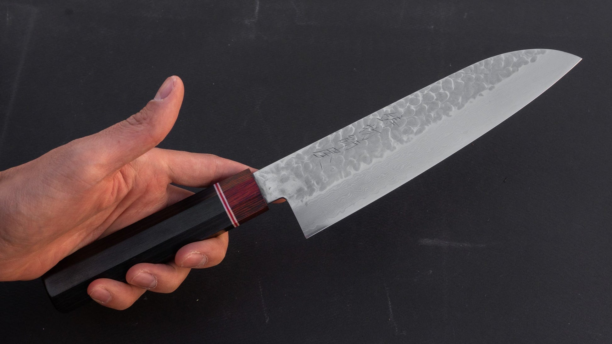 Hitohira Imojiya ST Tsuchime Damascus Santoku 180mm Pakka Handle | HITOHIRA