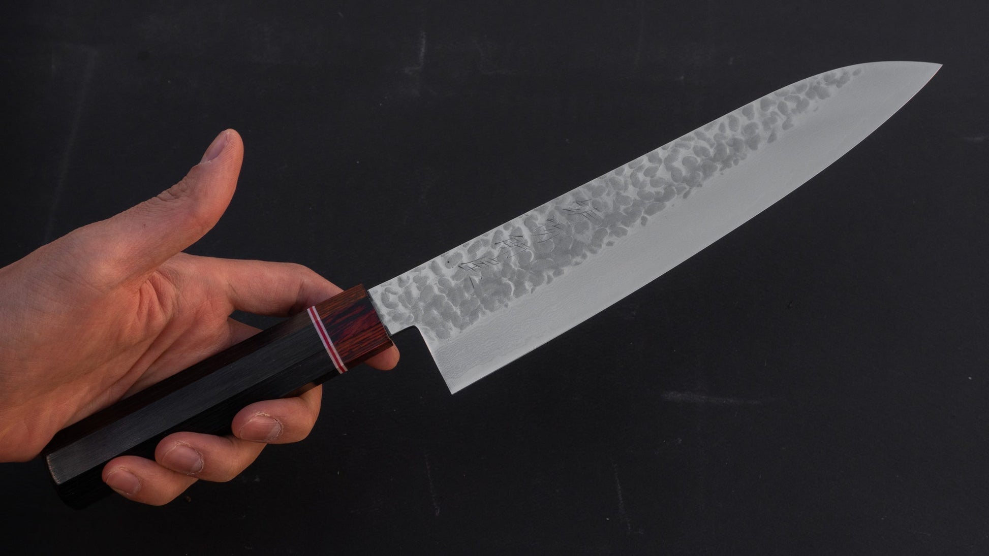 Hitohira Imojiya ST Tsuchime Damascus Gyuto 210mm Pakka Handle | HITOHIRA