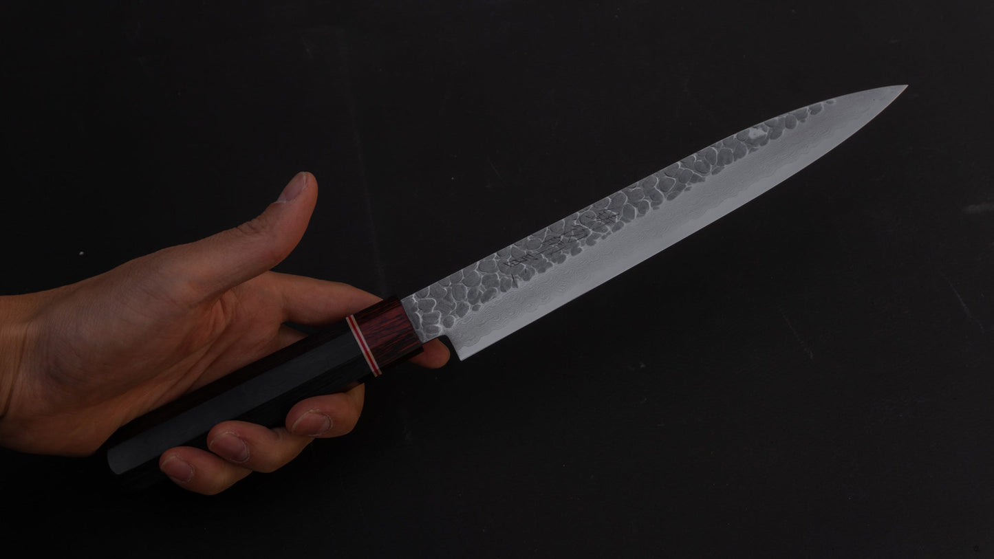 Hitohira Imojiya ST Tsuchime Damascus Sujihiki 210mm Pakka Handle | HITOHIRA