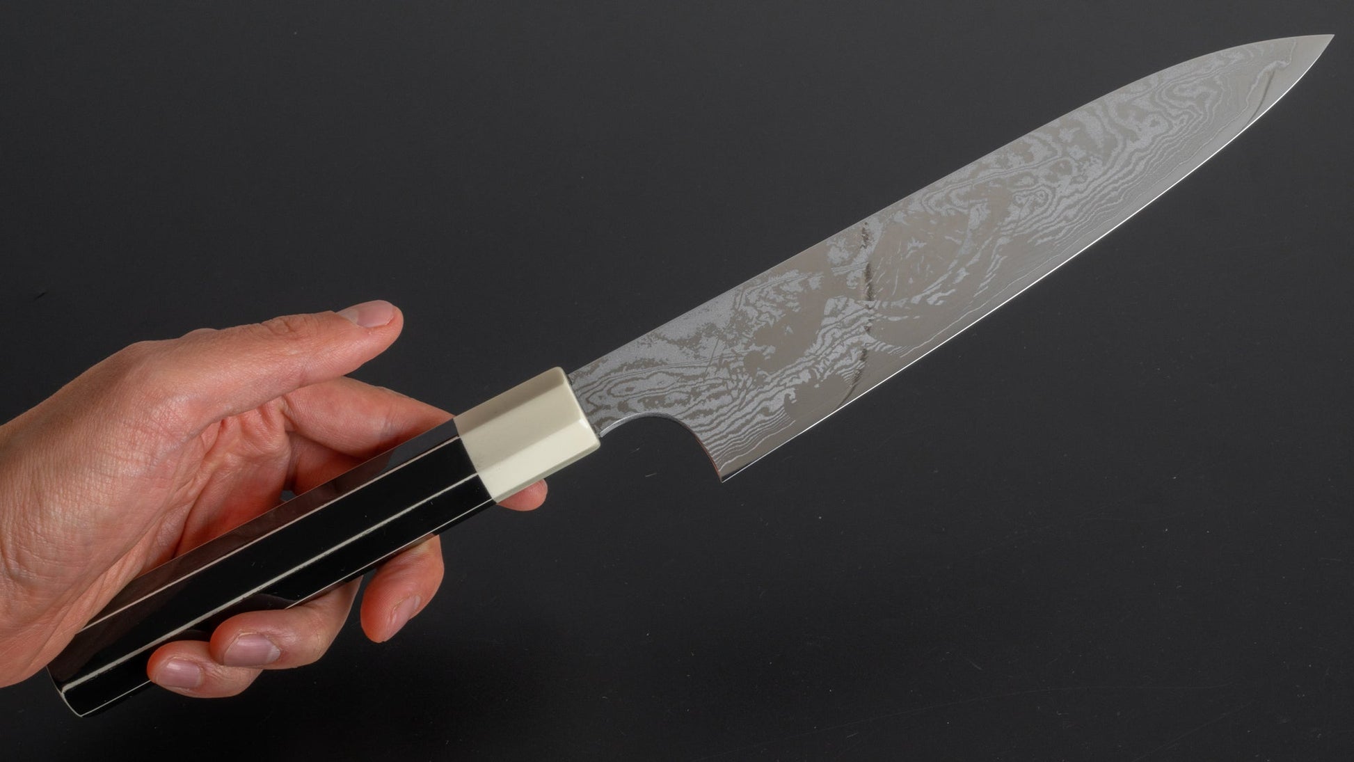 Hitohira Fuji Damascus Gyuto 210mm Lacquered Handle (White/ Black) - HITOHIRA