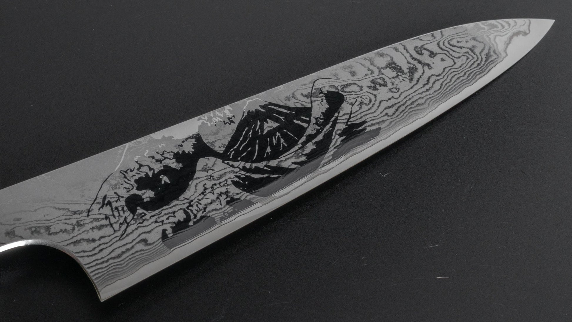 Hitohira Fuji Damascus Gyuto 210mm Lacquered Handle (White/ Black) - HITOHIRA