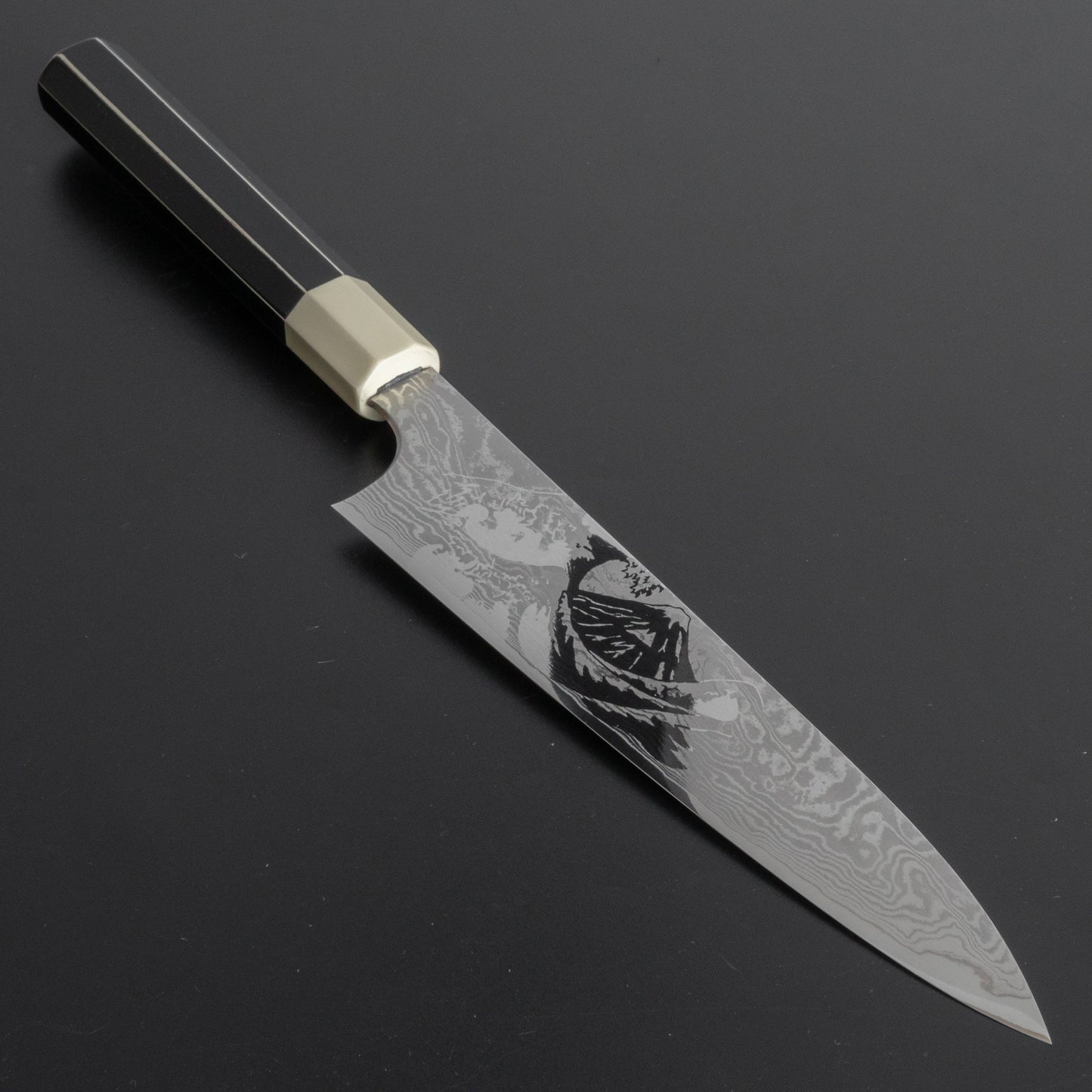 Hitohira Fuji Damascus Gyuto 210mm Lacquered Handle (White/ Black) - HITOHIRA