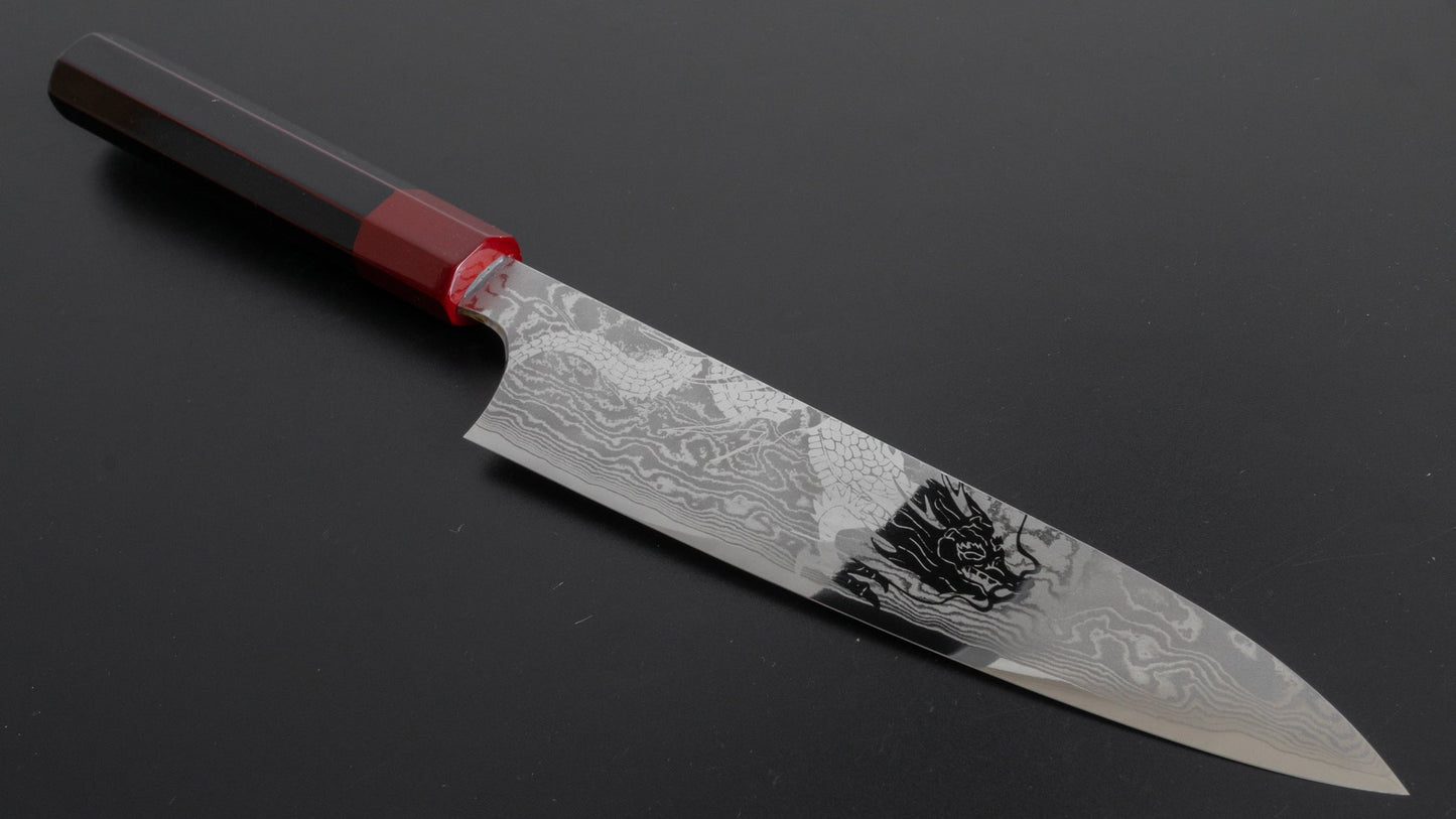 Hitohira Ryu Damascus Gyuto 210mm Lacquered Handle (Red/ Black) - HITOHIRA