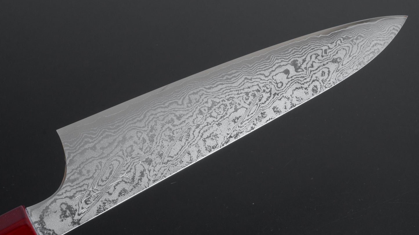 Hitohira Ryu Damascus Gyuto 210mm Lacquered Handle (Red/ Black) - HITOHIRA