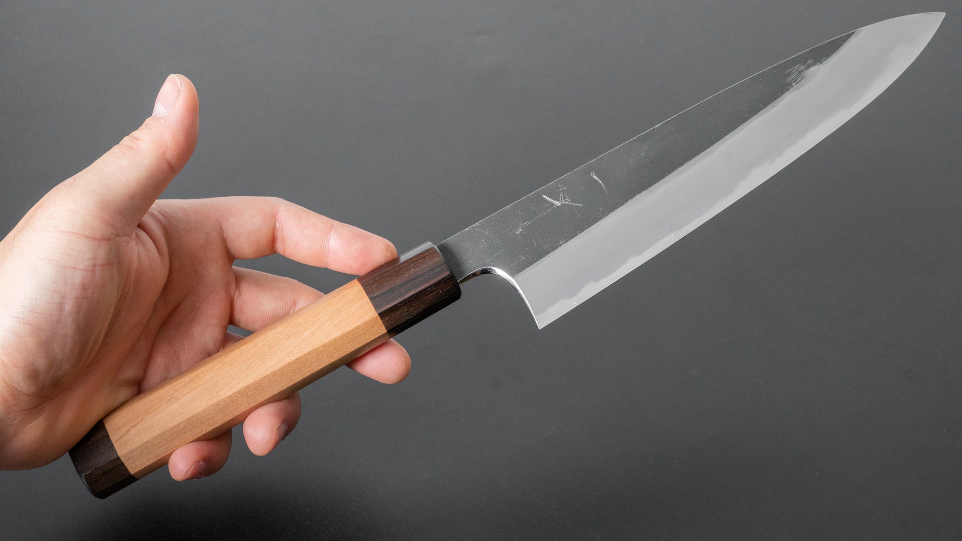 Hitohira Togashi Blue #2 Kurouchi Gyuto 210mm Cherry Wood Handle (Ebony End) - HITOHIRA