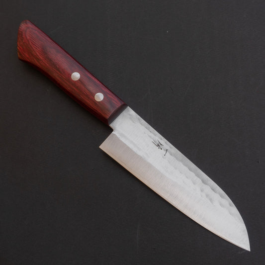 Hitohira NM Tsuchime Santoku 130mm Pakka Handle (No Bolster/ Red) | HITOHIRA