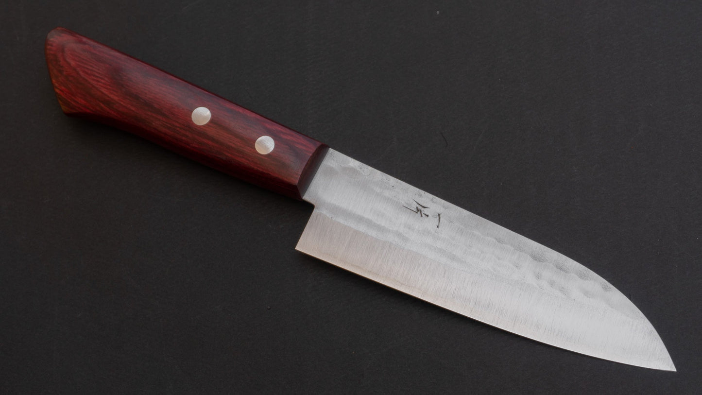 Hitohira NM Tsuchime Santoku 130mm Pakka Handle (No Bolster/ Red) | HITOHIRA