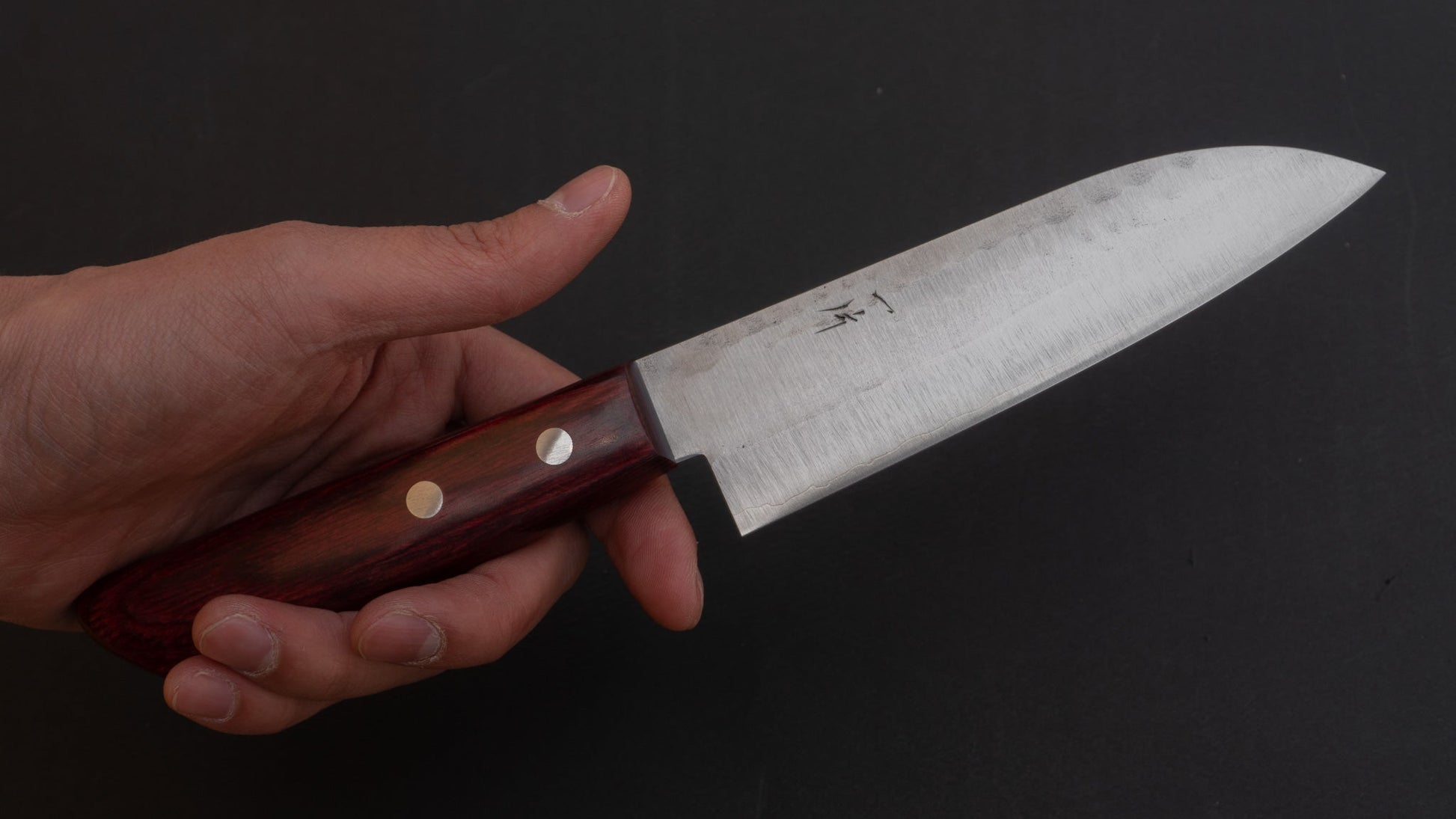 Hitohira NM Tsuchime Santoku 130mm Pakka Handle (No Bolster/ Red) | HITOHIRA