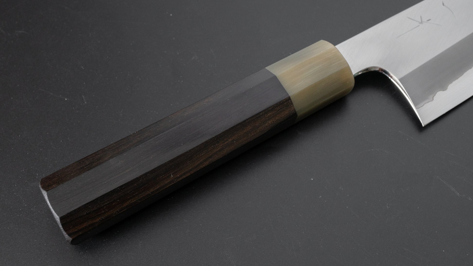 Hitohira Togashi Blue #1 Stainless Clad Migaki Santoku 180mm Taihei Makassar Ebony Handle - HITOHIRA