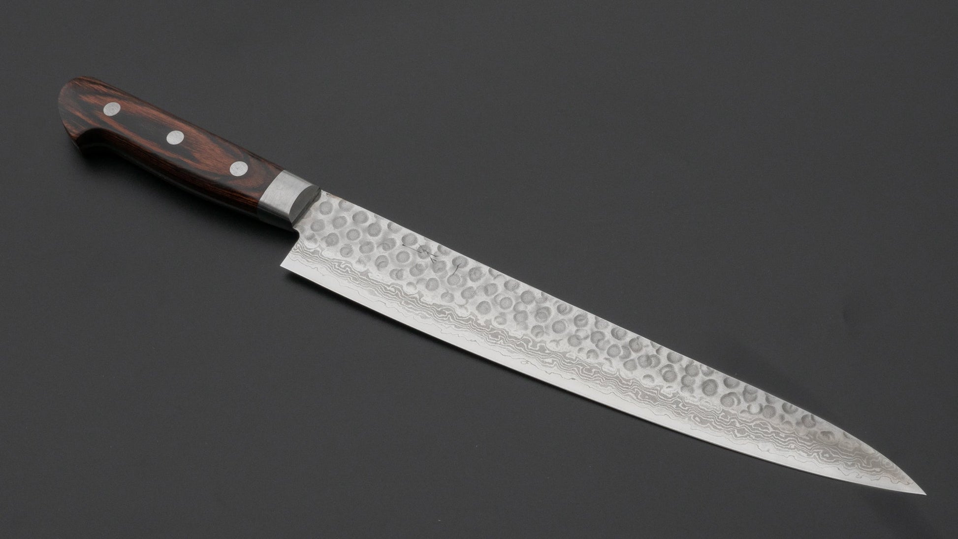 Hitohira HG Tsuchime Damascus Sujihiki 240mm Imitation Mahogany Handle | HITOHIRA